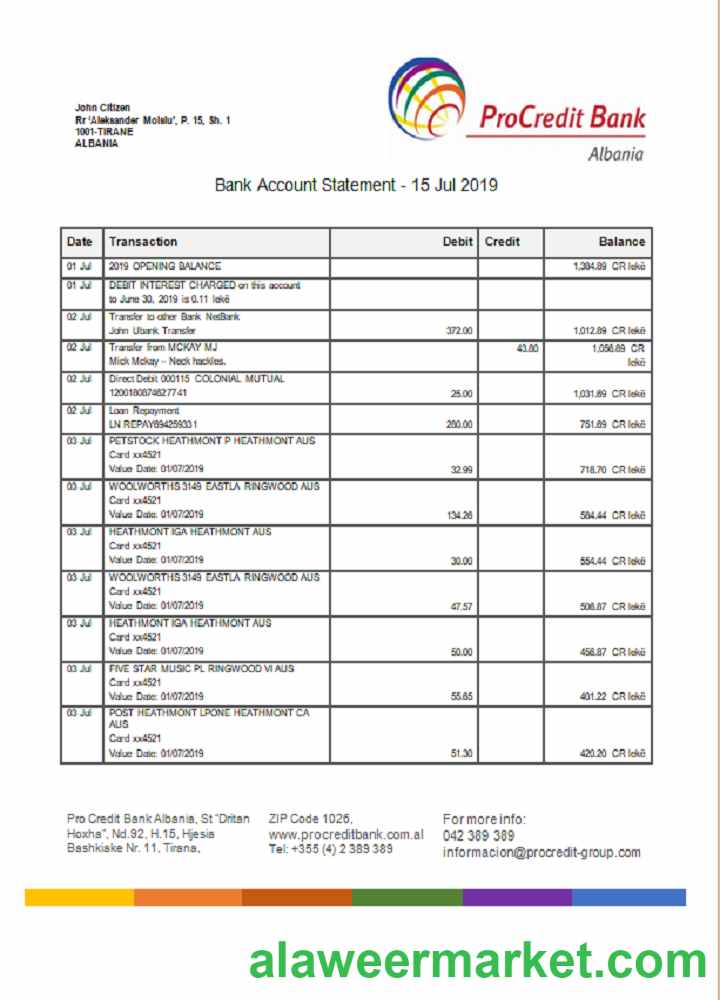 Albania Prokredit Bank  statement